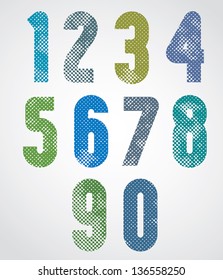 Halftone print dots textured numbers with rounded corners, grunge aged macro style, bold poster numerals design. Vector.