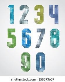 Halftone print dots textured numbers, grunge aged macro style, geometric poster numerals design. Vector.