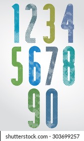 Los puntos de impresión de semitono textualizaron números altos con esquinas redondeadas, estilo macro envejecido en grunge, diseño de números de afiches altos de estilo retro. Vector.