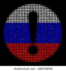 Halftone Problem pictogram colored in Russian state flag colors on a dark background. Vector pattern of problem icon created of round items. Designed for political and Russian patriotic agitprop.