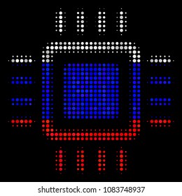Halftone Processor pictogram colored in Russian official flag colors on a dark background. Vector concept of processor icon created from circle spots.