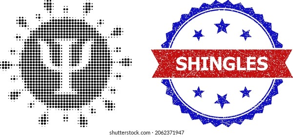Halftone Psi covid virus icon, and bicolor dirty Shingles seal stamp. Halftone Psi covid virus icon is generated with small round pixels. Vector seal with corroded bicolored style,