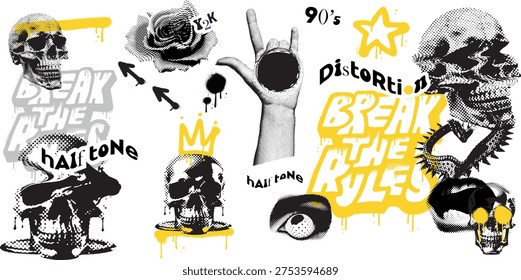 Halftone Punk Collage Elements Set with Eye Mouth Skull Butterfly and Hand