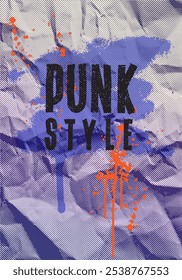 Halftone punk style grunge banner with distress texture, ink drips and splashes. Blue grunge background with hand drawn halftone spray splashes, paint drips. Vector crumpled paper, spray texture.