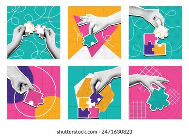 Halftone Puzzle Collage. Mischmedienzeiger mit Puzzleteilen, Problemlösungslösung und Vektorillustration des Teamwork-Konzepts