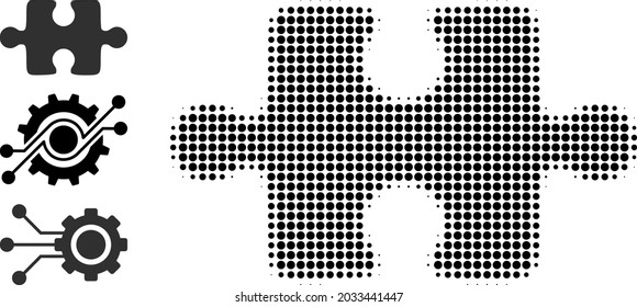 Halftone puzzle item. Dotted puzzle item made with small circle pixels. Vector illustration of puzzle item icon on a white background. Halftone array contains circle pixels.