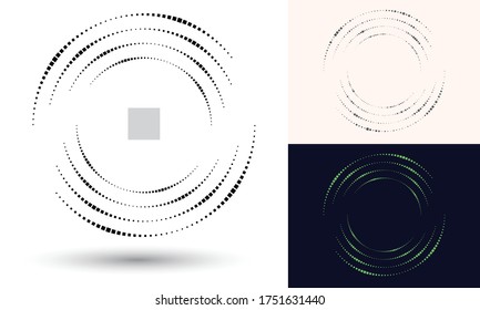 Halftone quadrangles in circle form. Round logo or icon. Vector frame as design element. In center is the repeated element.