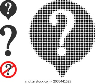 Halftone query. Dotted query constructed with small circle elements. Vector illustration of query icon on a white background. Halftone pattern contains circle elements.