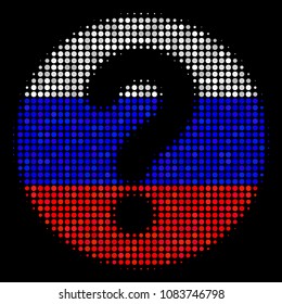 Halftone Query pictogram colored in Russian state flag colors on a dark background. Vector concept of query icon combined from circle pixels. Designed for political and Russian patriotic agitprop.