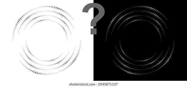 Halftone question mark in circle form. Round logo or icon. Vector frame as design element. Black shape on a white background and the same white shape on the black side.