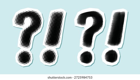 Signo de interrogación de semitono y signo de exclamación icono de pincel de carbón trazo de moda collage ilustración de Elementos de diseño de Vector aislado