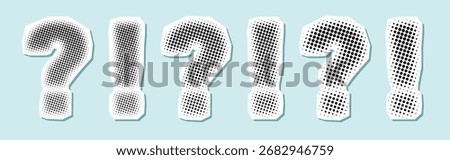 Halftone question mark and exclamation mark trendy collage vector design elements collection in pastel colors