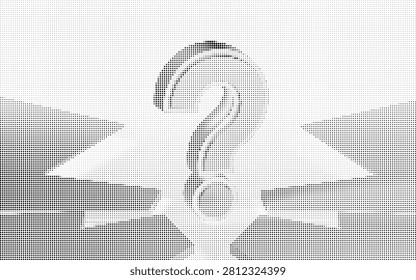 Halftone question mark symbol made of small dots on white background with gray shadows