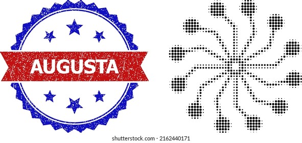 Halftone radial circuit links icon, and bicolor rubber Augusta seal stamp. Halftone radial circuit links icon is constructed with small circle dots. Vector seal with scratched bicolored style,
