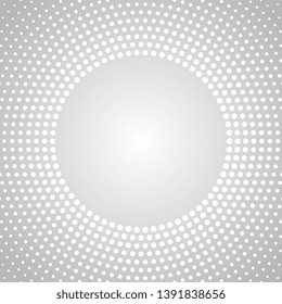 Halftone radial dots background in modern style on grey background. Modern template vector design. Dotted abstract texture. Abstract vector design element. Graphic modern pattern.