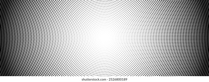 Halftone radial dotted background. Square dots comic gradient texture. Concentric fading gradation wallpaper. Black white rough grit overlay. Grunge gritty circular pop art cartoon backdrop. Vector