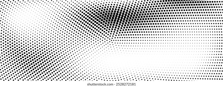 Fundo pontilhado radial de meio-tom. Textura quadrada de gradiente cômico de pontos. Cobertura de grão áspero branco preto. Papel de parede de gradação de sujeira concêntrica. Grunge arenoso plano de fundo de desenho animado pop art circular. Vetor