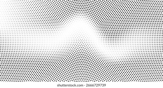 Fondo punteado radial de semitono. Textura de gradiente cómico de puntos cuadrados. Fondo de pantalla de gradación de desvanecimiento concéntrico. Superposición de grano áspero blanco negro. Grunge gritty circular pop art fondo de dibujos animados. Vector
