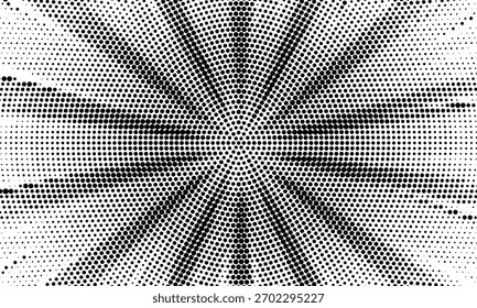 Fondo punteado radial de semitono. Textura de gradiente cómico de puntos cuadrados. Fondo de pantalla de gradación de desvanecimiento concéntrico. Superposición de grano áspero blanco negro. Grunge gritty circular pop art fondo de dibujos animados. Vector	