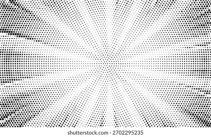 Fondo punteado radial de semitono. Textura de gradiente cómico de puntos cuadrados. Fondo de pantalla de gradación de desvanecimiento concéntrico. Superposición de grano áspero blanco negro. Grunge gritty circular pop art fondo de dibujos animados. Vector	