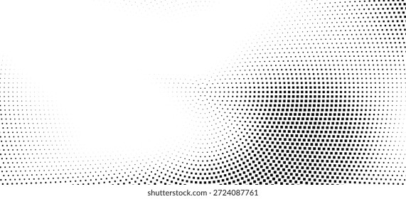 Fondo punteado radial de semitono. Textura de gradiente cómico de puntos cuadrados. Fondo de pantalla de gradación de desvanecimiento concéntrico. Superposición de grano áspero blanco negro. Grunge gritty circular pop art fondo de dibujos animados. Vector