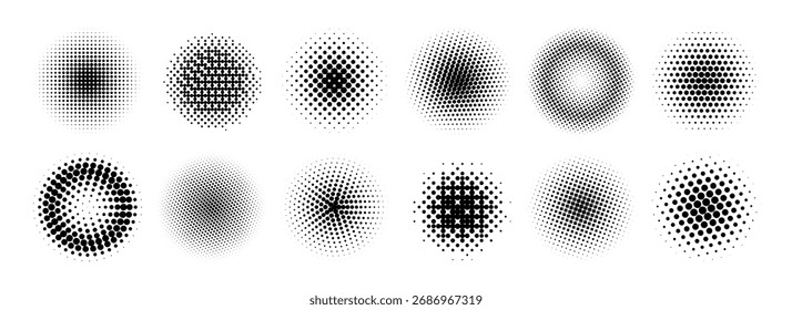 Colección de gradiente radial de semitono. Patrones redondos de textura punteada. Conjunto de fondo de círculos desvanecidos cómicos. Elementos pixelados Abstractas para el marco, cartel, collage, Anuncio, volante. Paquete de dibujos animados de Vector