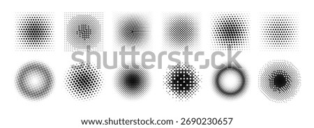 Halftone radial gradient collection. Dotted textured round and square patterns. Cartoon faded background set. Pixelated bitmap element pack for frame, poster, collage, banner. Vector comic bundle
