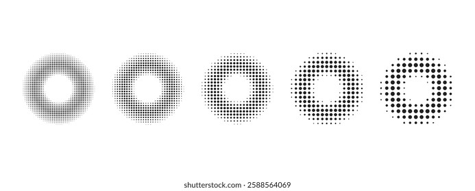 Halftone radial gradient effect background set, Set of speed dotted lines vector icons
