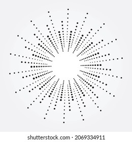 Halftone radial pattern background. Vector dots texture retro. Halftone dots in radial form. Vector dotted frame, pattern, texture, object. Fireworks Explosion background.