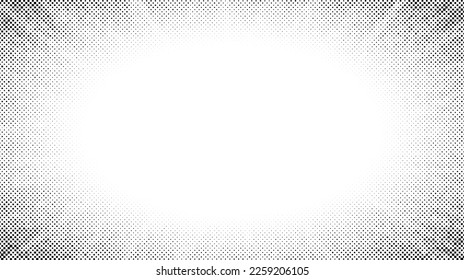 Halftone radial texture. Comic style grain background. Pop art faded textured frame. Grunge speckle effect. Dotted particles print wallpaper. Pixelated gradient backdrop