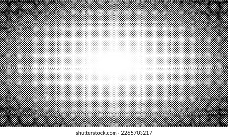 Halftone radial texture. Comic style grain background. Pop art faded textured frame. Grunge sand speckles effect. Dotted particles print wallpaper. Pixelated gradient vector backdrop 