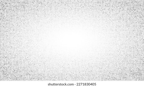 Halftone radial texture. Comic style grain background. Pop art faded textured frame. Grunge sand speckles effect. Dotted particles print wallpaper. Pixelated gradient vector backdrop 
