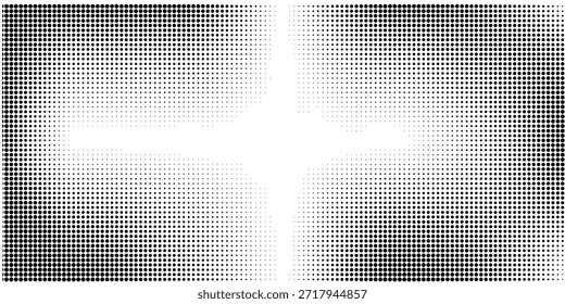Textura radial de semitono. Fondo de grano de estilo cómico. Pop arte marco texturizado descolorido. Efecto moteado Grunge. Fondo de pantalla de impresión de partículas punteadas. Fondo de Vector de degradado pixelado 