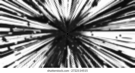 Textura radial de meio-tom. Fundo de grão estilo cômico. Pop art desbotado quadro texturizado. Efeito de mancha grunge. Partículas pontilhadas imprimem papel de parede. Tela de fundo de gradiente pixelada	