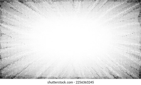 Halftone radial texture. Light comic style grain background. Pop art faded textured frame. Grunge speckle effect. Dotted particles print wallpaper. Pixelated gradient backdrop