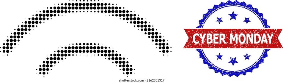 Halftone Radio Signal Icon, And Bicolor Dirty Cyber Monday Seal Stamp. Halftone Radio Signal Icon Is Made With Small Spheric Items. Vector Seal With Scratched Bicolored Style,