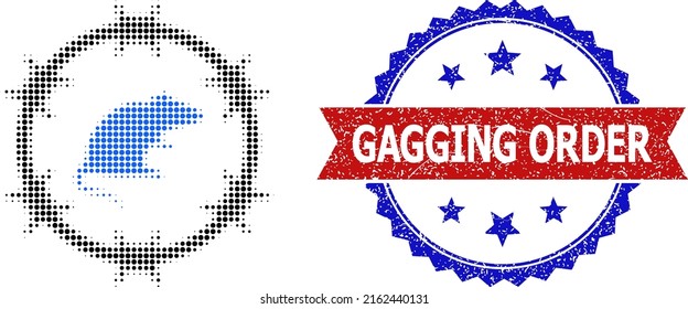 Halftone rat arrest icon, and bicolor grunge Gagging Order seal stamp. Halftone rat arrest icon is generated with small round dots. Vector seal with unclean bicolored style,