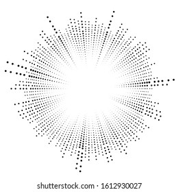 Halftone Rays, Beams. Dots, Dotted Radial Burst Lines. Sparkle, Fireworks, Gleam Design. Circular, Concentric Stripes. Radiating, Converging Trail Lines