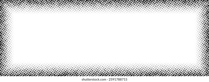 Halftone rectangle grain frame. Black comic dotted border. Pop art fading gradient frame backdrop. Black and white grunge abstract framing background. Dot texture graphic design wallpaper. Vector