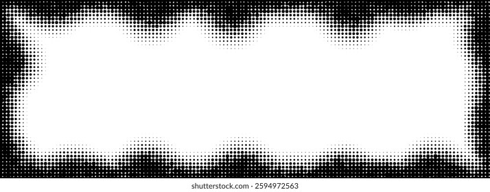 Halftone rectangle grain frame. Black comic dotted wavy border. Pop art fading gradient frame backdrop. Monochrome grunge abstract framing background. Vector dot textured graphic design wallpaper