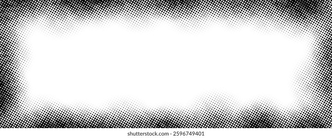 Halftone rectangle grain frame. Black comic dotted wavy border. Pop art fading gradient framing backdrop. Monochrome grunge abstract background. Vector dot textured graphic design wallpaper