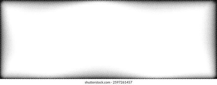 Halftone rectangle grain frame. Black comic dotted wavy border. Pop art fading gradient framing backdrop. Subtle grunge abstract background. Vector dot textured graphic design wallpaper