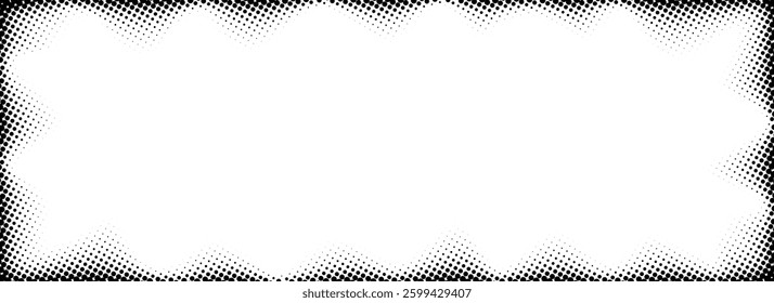 Halftone rectangle grain frame. Black comic dotted wavy border. Pop art fading gradient framing backdrop. Stippled grunge abstract background. Vector dot textured subtle graphic design template