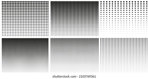 Halftone Rectangles Pictogram Set. Gradient Geometric Dots Background. Abstract Black and White Raster. Vertical Gradation Effect. Fade Half Tone. Pattern. Isolated Vector Illustration.