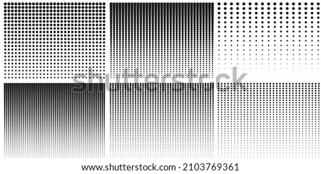 Halftone Rectangles Pictogram Set. Gradient Geometric Dots Background. Abstract Black and White Raster. Vertical Gradation Effect. Fade Half Tone. Pattern. Isolated Vector Illustration.