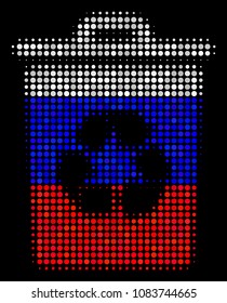 Halftone Recycle Bin pictogram colored in Russian official flag colors on a dark background. Vector composition of recycle bin icon composed with spheric blots.