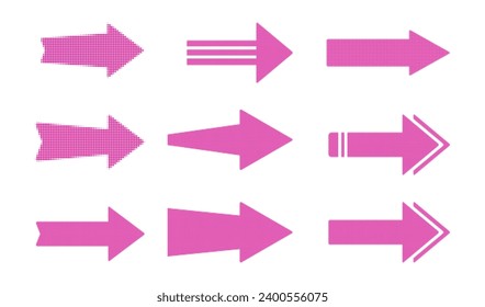 Halftone red arrows change direction. Pointer left, right, forward, backward. Direction, landmark, guide or cursor pink arrow. Business icon, digital direction sign, choice, ui design. Vector set.