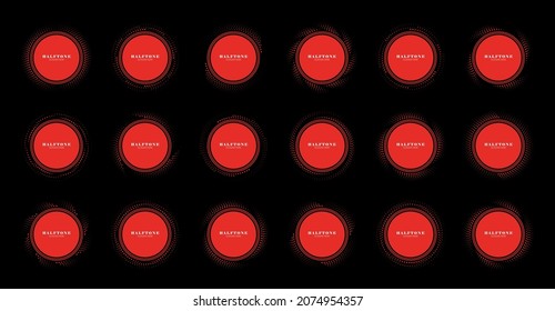 Halftone red dots in circle form. Set of Round logos. Halftone circle dotted frames. Geometric art. Design element for frame, logo, tattoo, web pages, prints, posters, template.