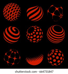 Halftone red spheres set on black backdrop. Vector abstract red beads design