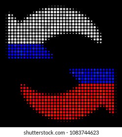 Halftone Refresh pictogram colored in Russian official flag colors on a dark background. Vector pattern of refresh icon combined with circle elements.